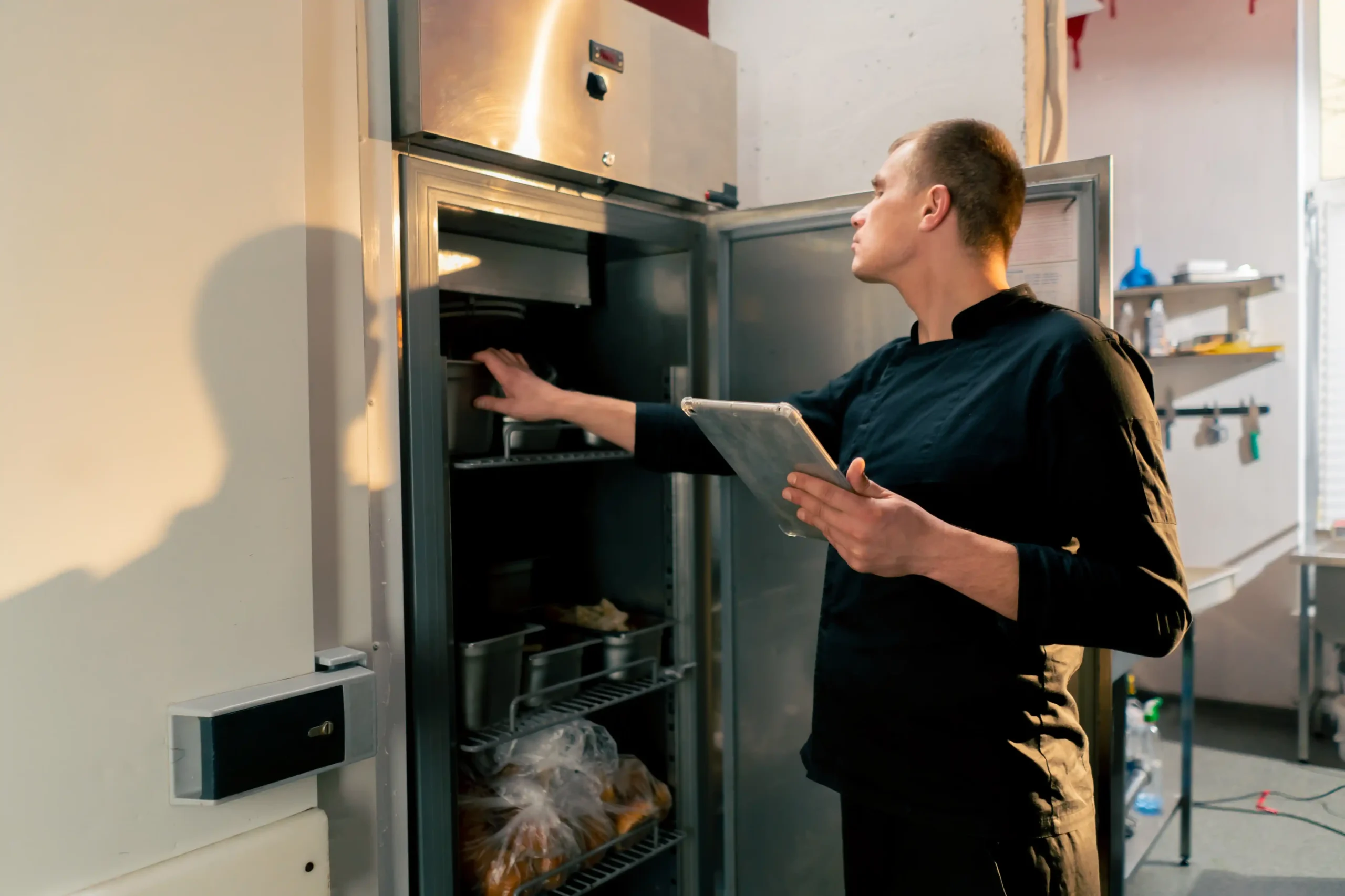 chef stands in kitchen in a black uniform and look 2024 12 02 11 03 59 utc